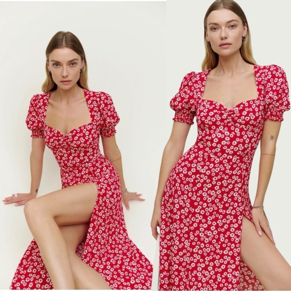 Reformation Dresses & Skirts - Reformation Lacey Smocked Sleeve Dress in Jenna Red Floral Size 4
